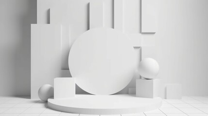 white 3d abstract shapes with blocks and a sphere with a shadow over the top