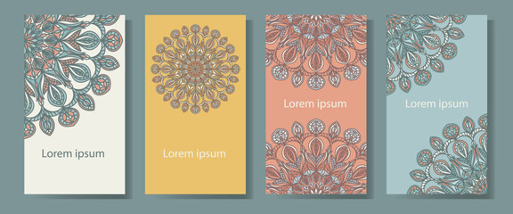 A set of four backgrounds with a mandala image. Ethnic pattern in the design of a card, invitation, flyer, cover, label.
