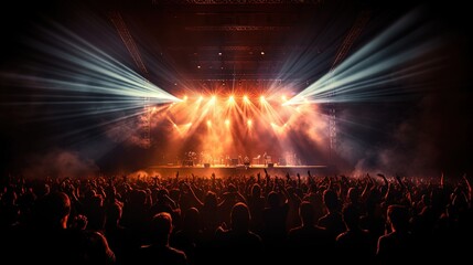 glowing stage light illuminates cheering rock fans - obrazy, fototapety, plakaty