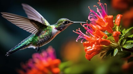 Fototapeta premium AI generated illustration of a hummingbird in flight near some pink flowers