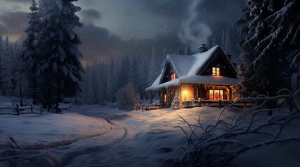 AI generated illustration of a harming home, nestled among the snow-covered landscape