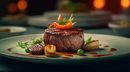 AI generated illustration of a large plate with beef and vegetables