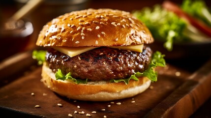 AI generated illustration of a hamburger with lettuce, cheese on a cutting board