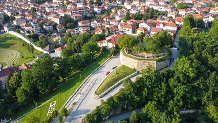 Fototapeta na wymiar Stone fortes in Sarajevo, Bosnia and Herzegovina. Aerial drone view Yellow Fortress.