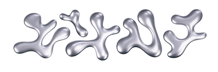 Fototapeta premium Chrome liquid 3d shapes in y2k style isolated on a white background. Render of 3d metal silver star, flower, heart and melt fluid form in aesthetic futuristic style. 3d vector y2k illustration.