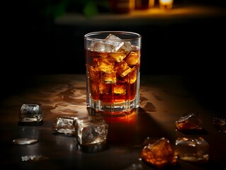 AI-generated illustration of a glass of whiskey with ice cubes on the bar