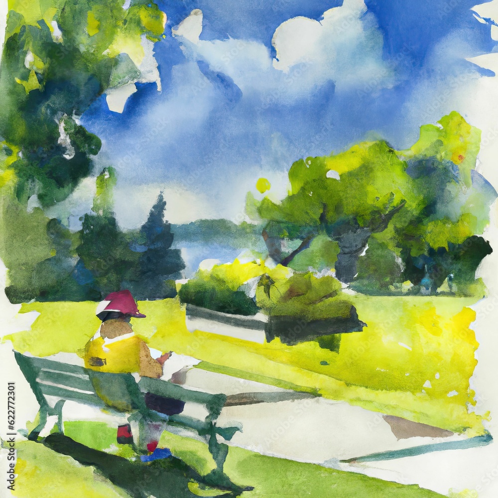 Sticker ai generated illustration of a watercolor painting of a girl in a park painting on canvas