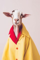 AI generated illustration of a goat wearing a yellow coat over a red shirt