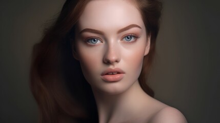 AI-generated illustration of an attractive young woman with porcelain skin wearing soft nude makeup