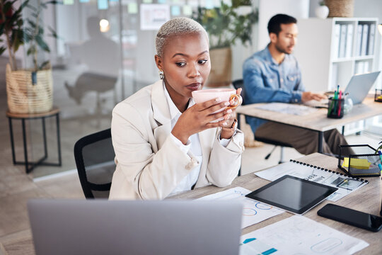 Thinking, coffee and business black woman on laptop working on online proposal, strategy and planning. Corporate, ideas and female person in workplace with beverage, caffeine and tea on computer