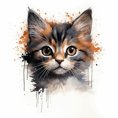 AI generated illustration of an adorable tabby kitten with vibrant watercolor paint splatters