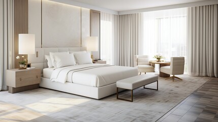 Fototapeta na wymiar AI generated spacious hotel room fwithbed and modern furniture