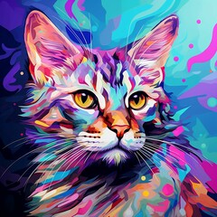 AI generated illustration of a cat with vibrant, multi-colored geometric patterns painted on its fur
