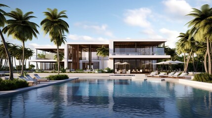Fototapeta na wymiar AI generated mansion outdoor scene with lush palms and a swimming pool