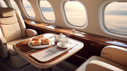AI generated  airplane interior with white tabletop with a tray of food