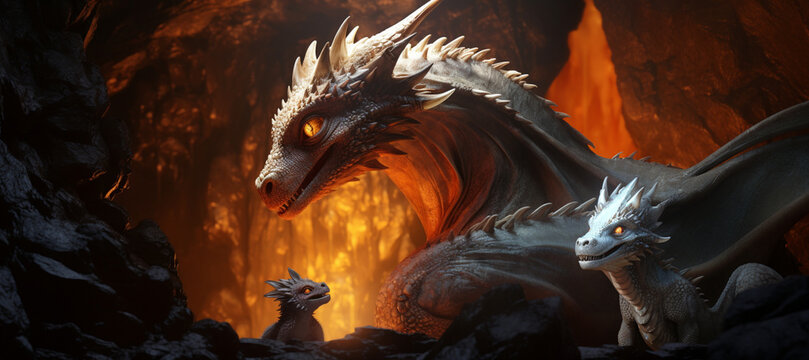 A family of fire dragons in the underground cave. Baby dragon with parents. Cute little dragon. Generative AI illustration	
