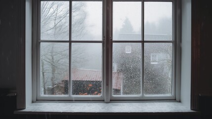 Window overlooking a wintery landscape with snow-covered houses in the background. AI-generated.