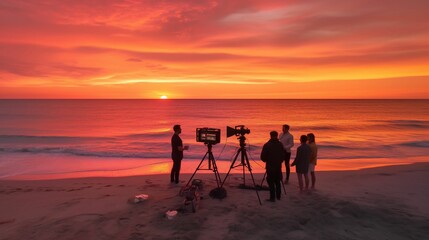 Group of people on a beach with filmmaking equipment. AI-generated.