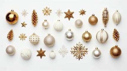 Arrangement of festive Christmas ornaments displayed on a white background. AI-generated.