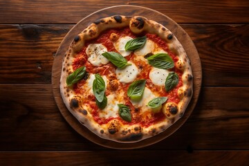 AI generated illustration of a Neapolitan pizza on a wooden surface