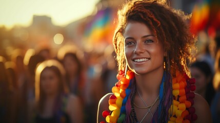 AI generated illustration of a smiling cheerful adult woman during the pride celebration outdoors
