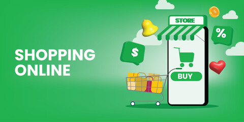 Shopping online banner for modern website on green background