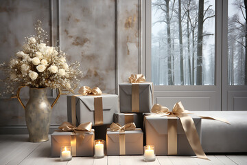 Gray gift boxes with golden bows, white roses and candles in antique interior. Generative AI