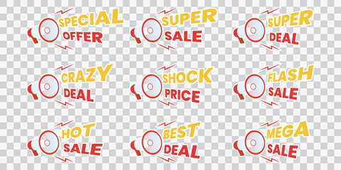 Set of megaphone sale promotion with various words