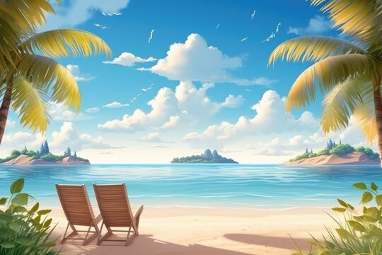 Beautiful beach with sand, turquoise ocean water and blue sky with clouds in sunny day. Ai generative.
