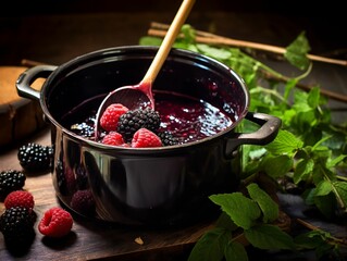 AI generated illustration of an appetizing bowl of homemade berry compote with fresh ripe berries - obrazy, fototapety, plakaty