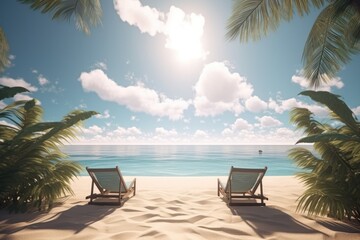 Beautiful beach with sand, turquoise ocean water and blue sky with clouds in sunny day. Ai generative.