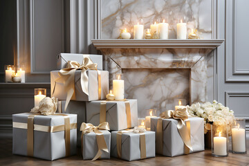 Gray gift boxes with golden bows, white roses and candles in gray interior. Generative AI