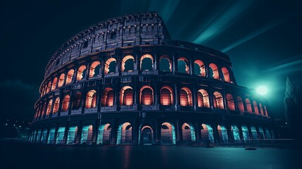 AI generated illustration of the Colosseum with neon lights at night in Rome, Italy - obrazy, fototapety, plakaty