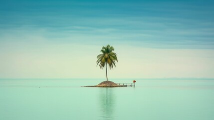 Fototapeta na wymiar AI generated illustration of a single solitary tree stands in the middle of vast blue water