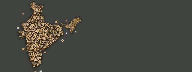 India map with different language spoken in each state , 3d render in black background