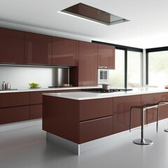 AI generated illustration of a modern kitchen in brown and white colors with an island