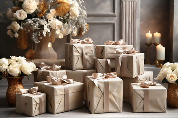 Beige gift boxes with beige bows, white roses and candles in antique interior. Generative AI
