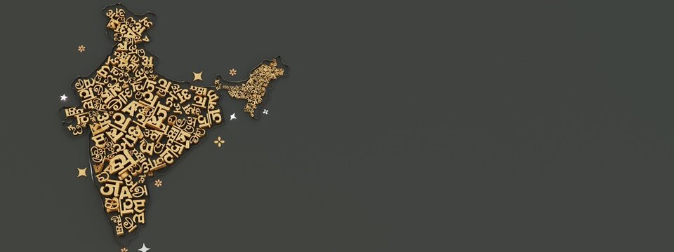 India map with different language spoken in each state , 3d render in black background