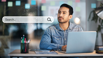 Businessman, thinking and laptop search engine hologram for information, global SEO and iot research. Thinking, worker and Asian person with ideas on technology, internet and office browsing overlay