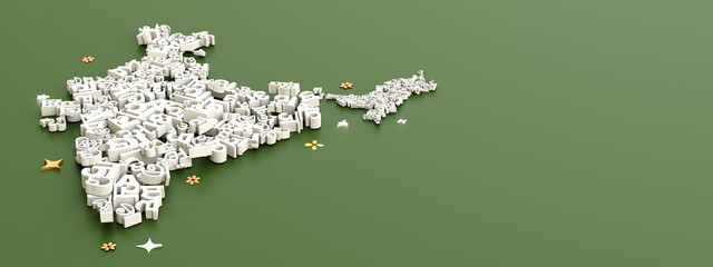 India map with different language spoken in each state , 3d render in green background