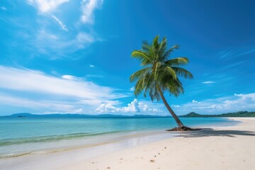 Beautiful beach with sand, turquoise ocean water and blue sky with clouds in sunny day. Ai generative.
