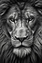 AI generated illustration of a majestic lion portrait in grayscale