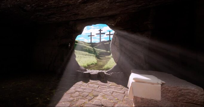 Jesus Christ resurrection the stone is rolled away from the grave and the light comes in. Three crosses on the hill from inside the tomb. Easter concept. 4k