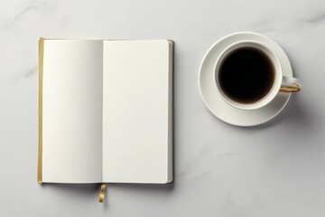 Obraz na płótnie Canvas AI generated illustration of a blank notebook near a cup of coffee on a white table