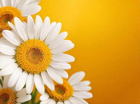 White daisies and garden flowers on a light orange background. 
