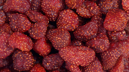 Closeup of a beautiful heap of dehydrated strawberries. Bursting with vibrant color and freshness. Concept of nature's bounty and refreshing taste.