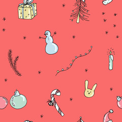 New Year hand drawn seamless pattern  with snowman, gifts, bunny and snow -  on red background