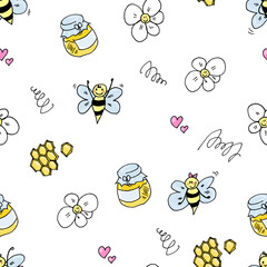 Cute smiling bee with honey and flowers - colorful hand drawn seamless pattern on white background