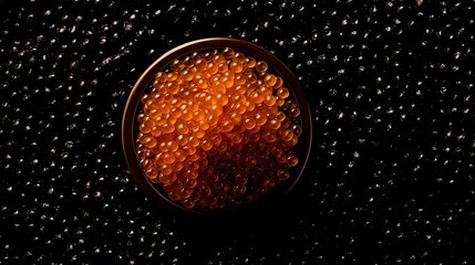 AI generated illustration of a bowl of red caviar on a stack of black ones - obrazy, fototapety, plakaty
