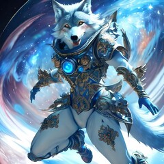 AI generated spirit wolf wearing metallic costume in space